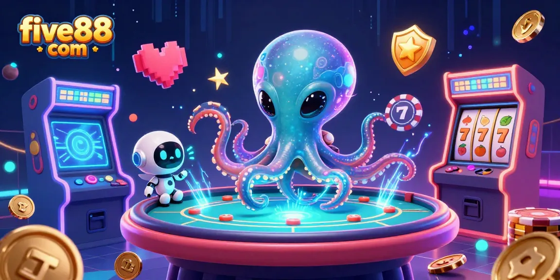 Experience the thrill of five88 com with an alien octopus overseeing a vibrant casino scene.
