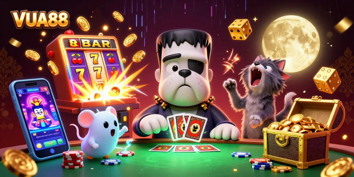 Join the thrilling game at VUA88 with a vibrant 3D illustration featuring unique characters and casino action.