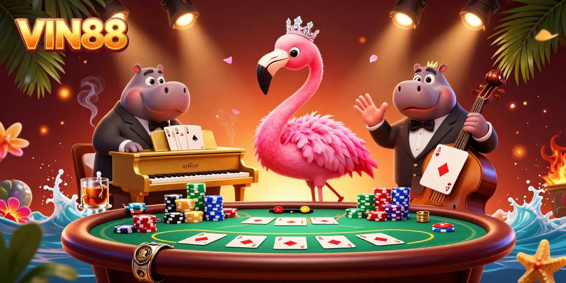 Engage with the vibrant atmosphere at VIN88 featuring a lively flamingo singer and a hippo bassist.