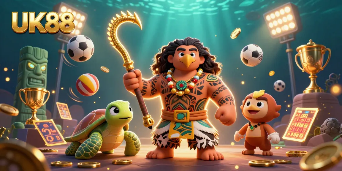 Engage with UK88 in this vibrant gambling scene featuring a Maui-style demigod and sports elements.