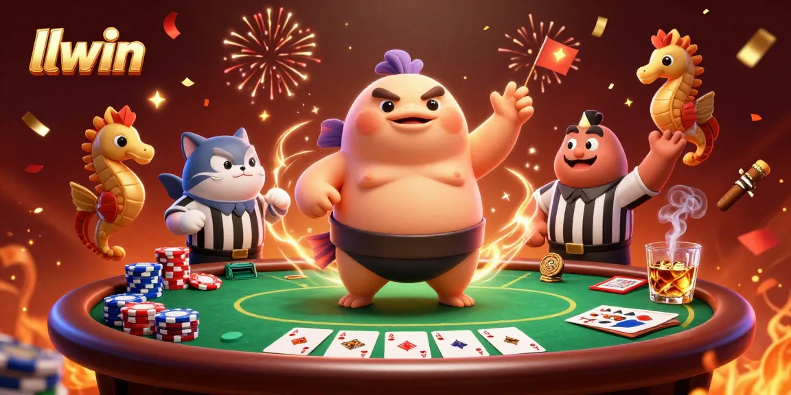 Experience the excitement of llwin with a vibrant poker showdown scene featuring a fugu, catfish, and seahorse in action.