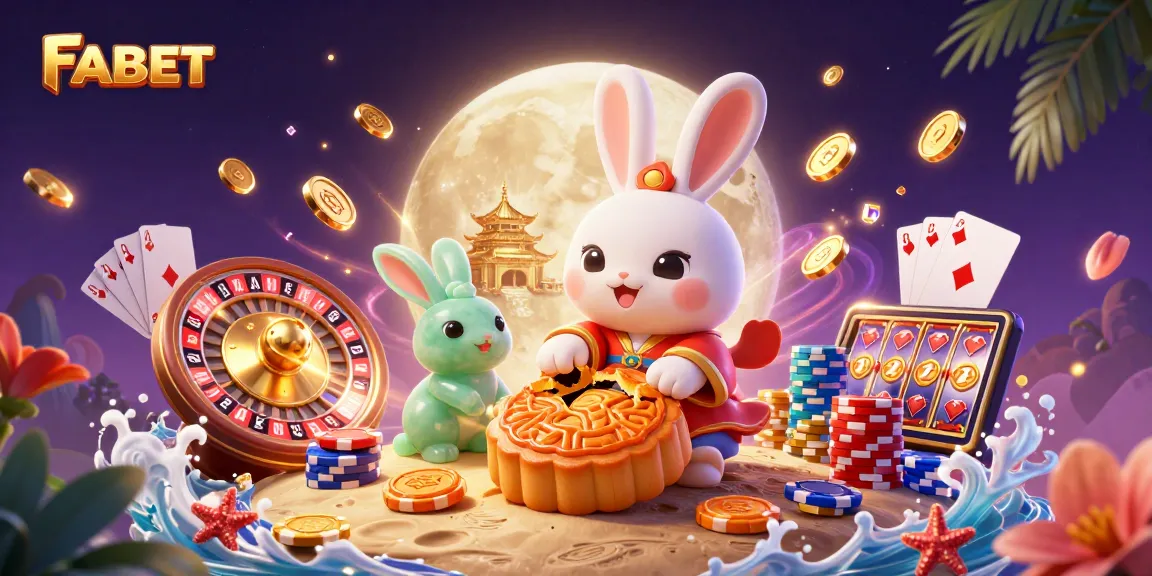 FABET moon rabbit reveals poker chips and golden coins in a vibrant casino scene.