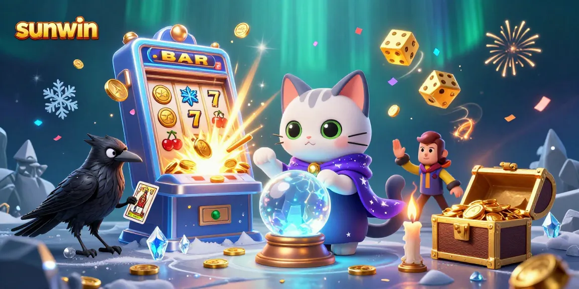 Spin the sunwin slots with the mystical cat and raven revealing jackpots in an enchanting scene.