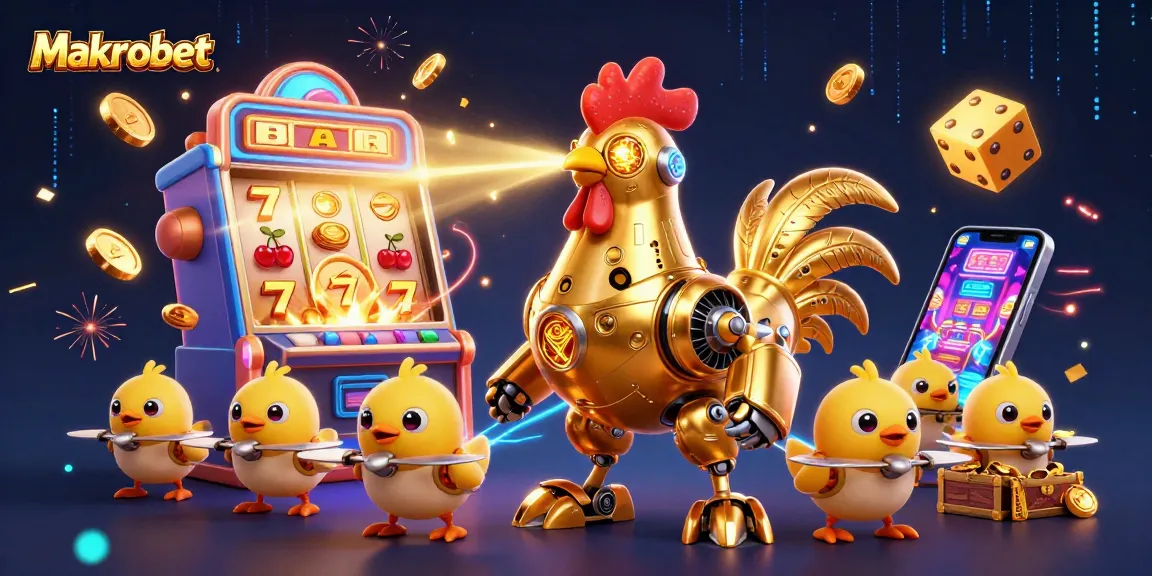 Engage with Makrobet's thrilling casino experience, featuring a dynamic golden rooster robot and vibrant slot symbols.