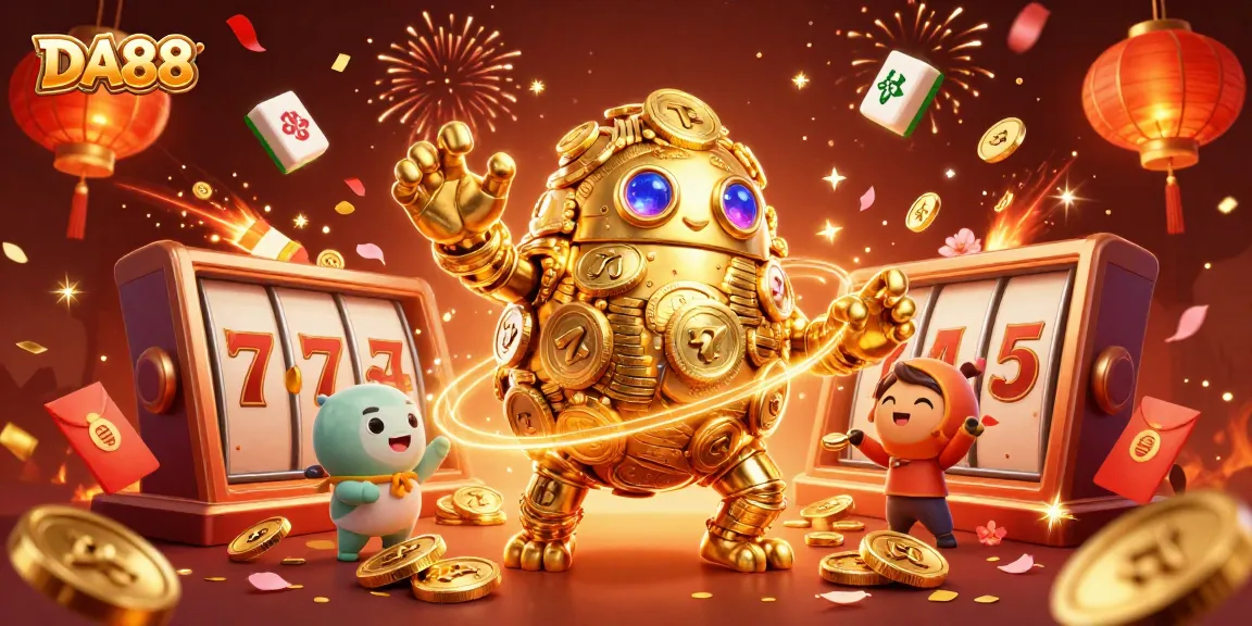 DA88 showcases a vibrant 3D casino scene with golden golems and slot elements, celebrating winnings.