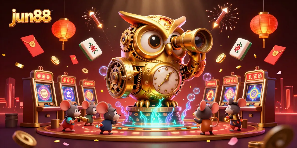 Experience the thrill of jun88 gaming with a vibrant casino scene featuring an animated owl and engaging patrons.