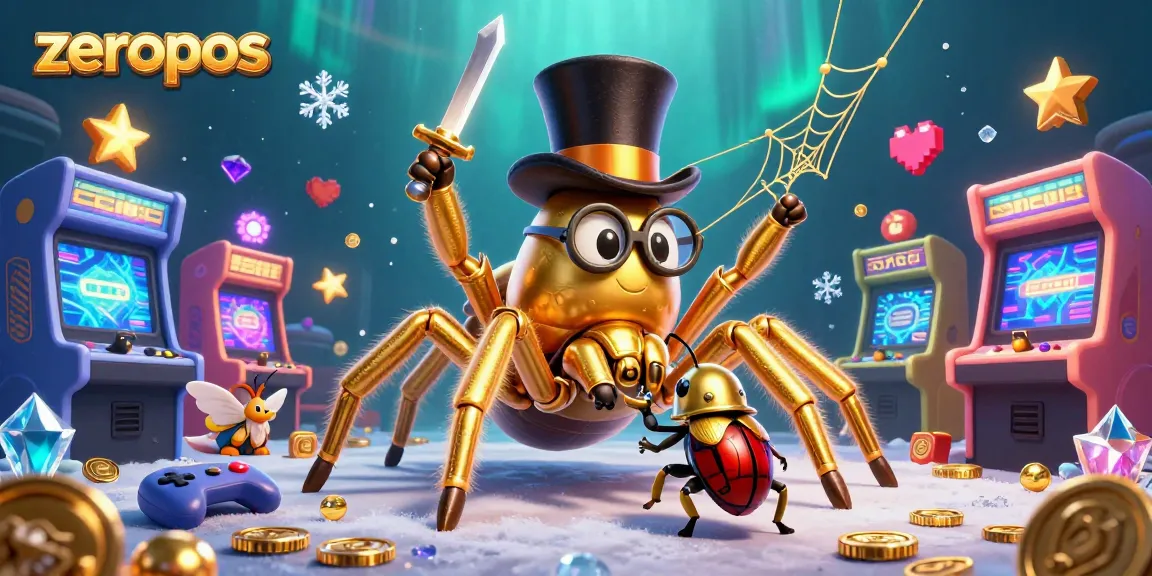 Engage with zeropos in a vibrant 3D casino scene featuring a golden tarantula and beetle knight.