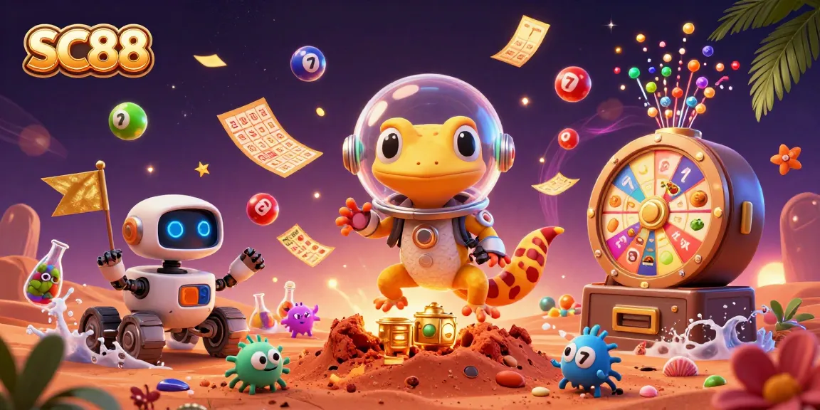 Engage with SC88's vibrant casino adventure featuring a Martian gecko and alien characters.