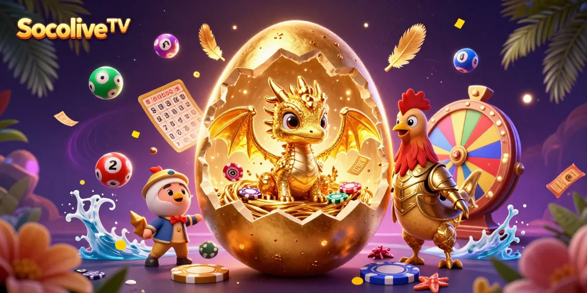Socolive TV brings excitement to viewing with vibrant 3D illustration showcasing a golden egg and dragon surrounded by gambling elements.