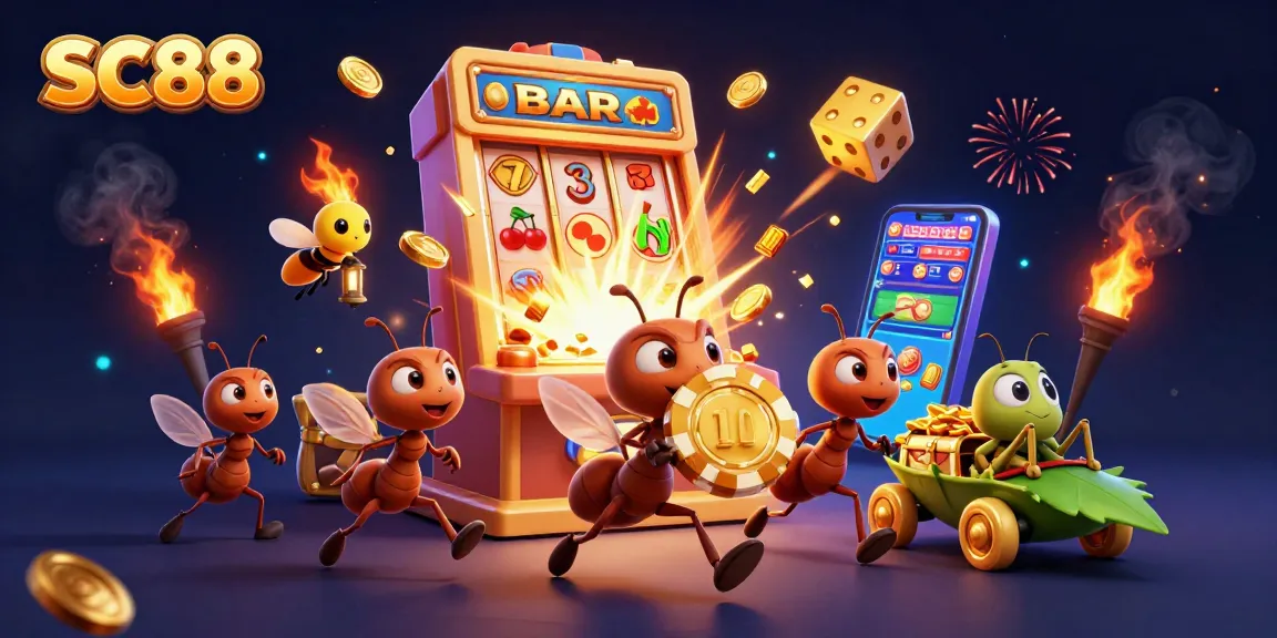 SC88 features a dynamic 3D heist with ants, poker chips, and casino elements in a vivid setting.