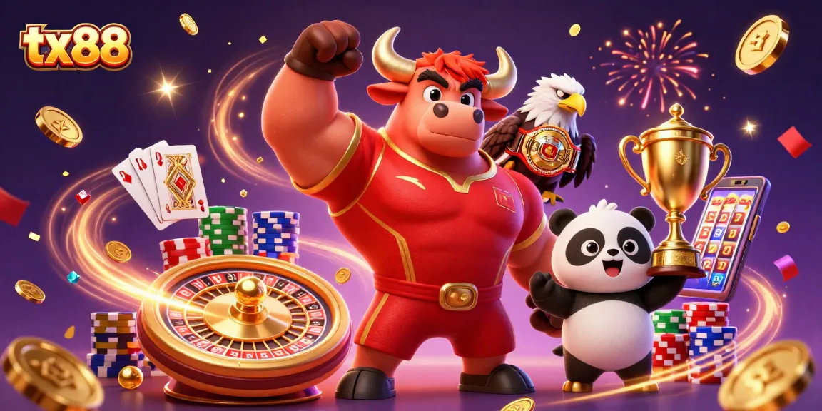 tx88 dynamic casino scene with mascot characters celebrating big wins